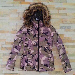 North Face Womens XS Camo Fur Puffer Jacket Coat Camouflage Hood Hooded Winter